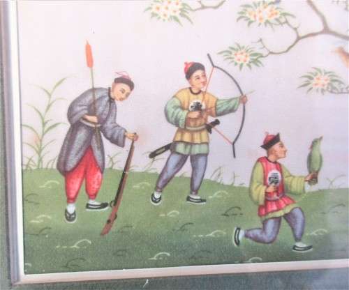 PAIR CHINESE PAINTINGS ON SILK OF HUNTERS HUNTING BRDS