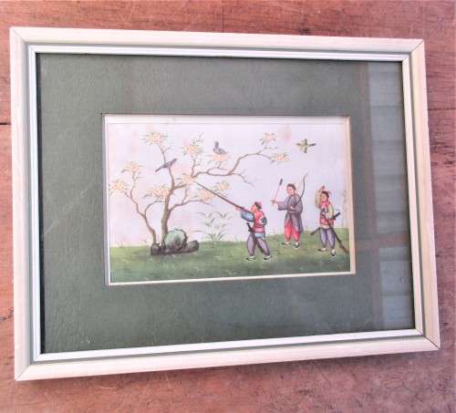 PAIR CHINESE PAINTINGS ON SILK OF HUNTERS HUNTING BRDS