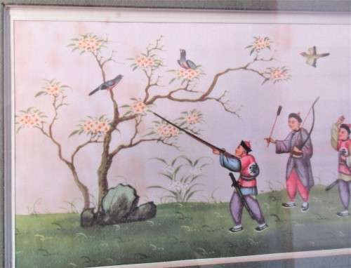 PAIR CHINESE PAINTINGS ON SILK OF HUNTERS HUNTING BRDS