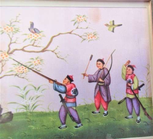 PAIR CHINESE PAINTINGS ON SILK OF HUNTERS HUNTING BRDS