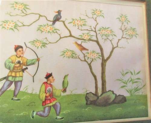 PAIR CHINESE PAINTINGS ON SILK OF HUNTERS HUNTING BRDS