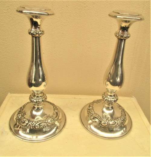 PAIR  AUSTRIAN  SABBATH CANDLESTICKS VIENNA 900 STANDARD  380G  AND 390G  TOTAL WEIGHT 770G  C1870`s