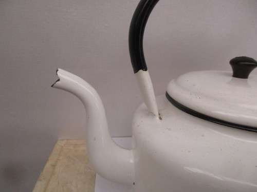 LOVELY OLD ENAMEL WHITE PAINTED KETTLE