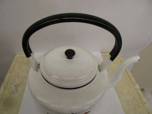 LOVELY OLD ENAMEL WHITE PAINTED KETTLE
