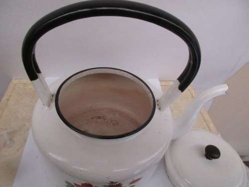 LOVELY OLD ENAMEL WHITE PAINTED KETTLE