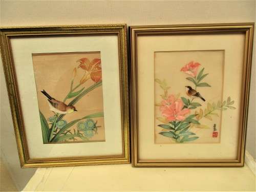ALMOST A PAIR JAPANESE PRINTS  BIRDS AMONGST FLOWERS BOTH  HAVE A SEAL MARK
