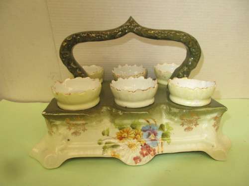 VICTORIAN CERAMIC HANDPAINTED EGG HOLDER SET c 1870`s