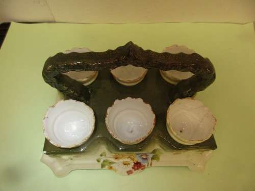 VICTORIAN CERAMIC HANDPAINTED EGG HOLDER SET c 1870`s
