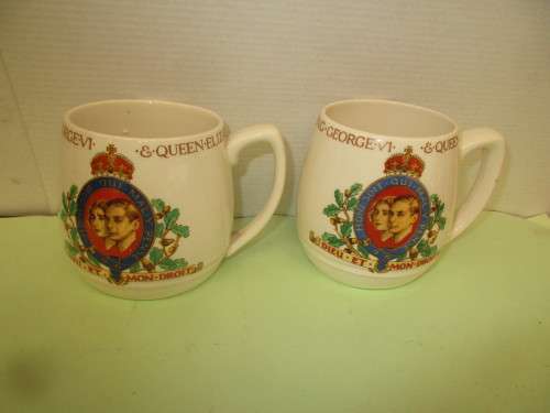 UNUSUAL PAIR SOLIAN WARE MUGS TO CELEBRATE  CROWNING  KING GEORGE 6TH AND  WIFE QUEEN MARY 1937