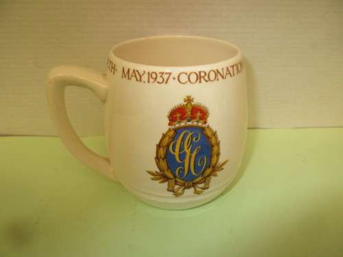 UNUSUAL PAIR SOLIAN WARE MUGS TO CELEBRATE  CROWNING  KING GEORGE 6TH AND  WIFE QUEEN MARY 1937