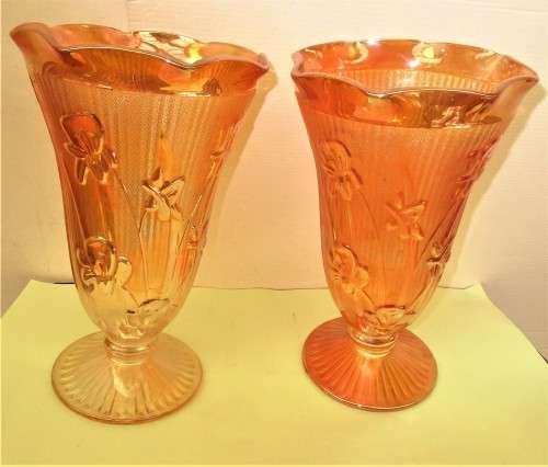 PAIR PEACH  FLORAGOLD DESIGN  CARNIVAL GLASS VASES c1950`s