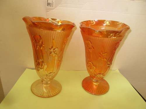 PAIR PEACH  FLORAGOLD DESIGN  CARNIVAL GLASS VASES c1950`s