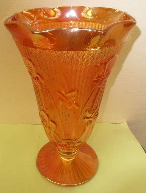 PAIR PEACH  FLORAGOLD DESIGN  CARNIVAL GLASS VASES c1950`s