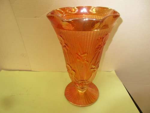 PAIR PEACH  FLORAGOLD DESIGN  CARNIVAL GLASS VASES c1950`s