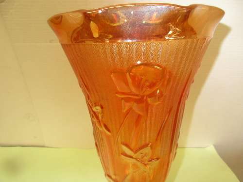 PAIR PEACH  FLORAGOLD DESIGN  CARNIVAL GLASS VASES c1950`s