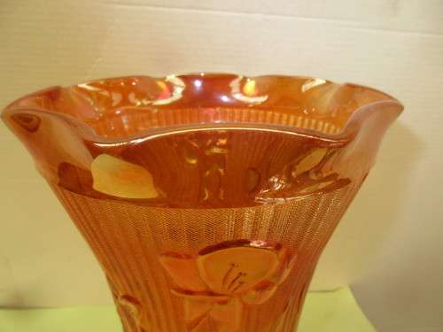 PAIR PEACH  FLORAGOLD DESIGN  CARNIVAL GLASS VASES c1950`s