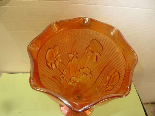 PAIR PEACH  FLORAGOLD DESIGN  CARNIVAL GLASS VASES c1950`s