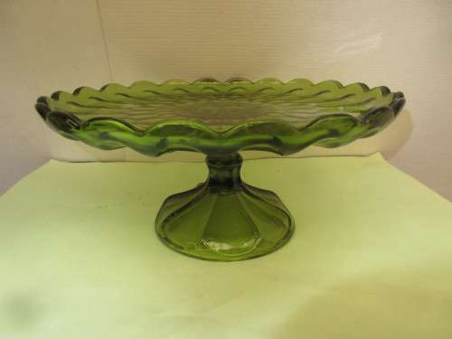 CARNIVAL GLASS GREEN FOOTED CAKE STAND c 1960`s