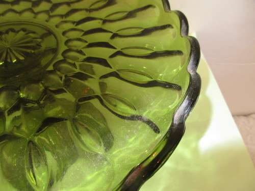 CARNIVAL GLASS GREEN FOOTED CAKE STAND c 1960`s