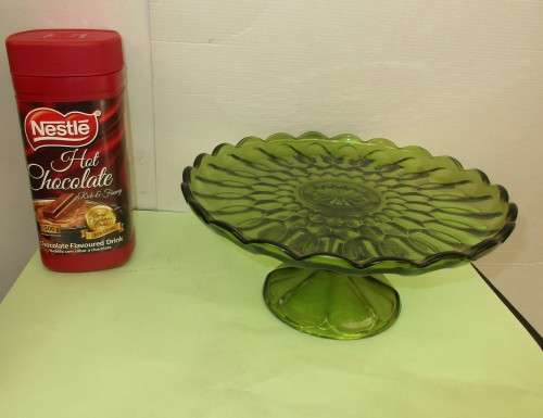 CARNIVAL GLASS GREEN FOOTED CAKE STAND c 1960`s