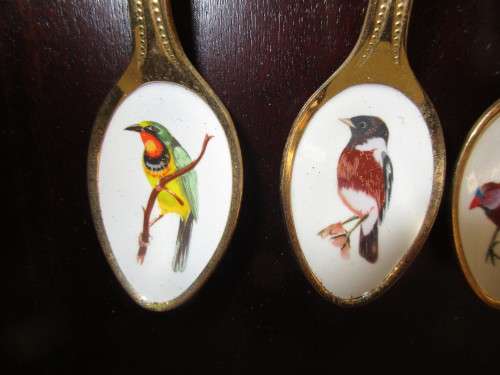 BEAUTIFUL 24 CT JAPANESE ENAMEL BIRD TEASPOONS IN WOOD DISPLAY HOLDER