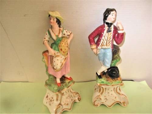 BEAUTIFUL PAIR STAFFORDSHIRE SPILL VASES AS FIGURES c 1870`s  HANDPAINTED.