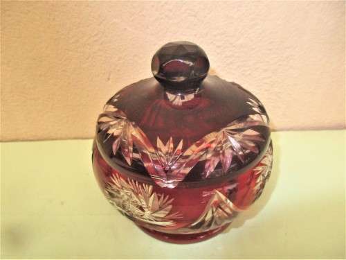 BEAUTIFUL RED CRYSTAL JAR WITH LID  SHARP CUT FLOWERS AND FOLIAGE DESIGN