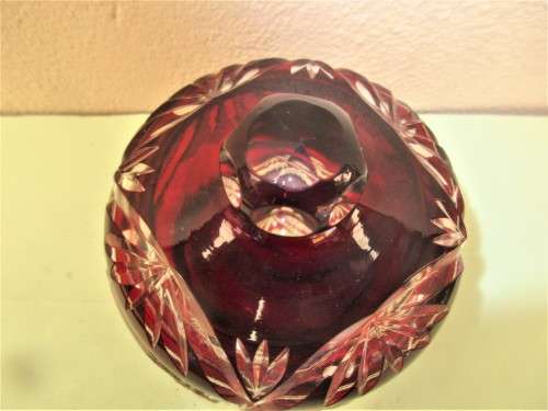 BEAUTIFUL RED CRYSTAL JAR WITH LID  SHARP CUT FLOWERS AND FOLIAGE DESIGN