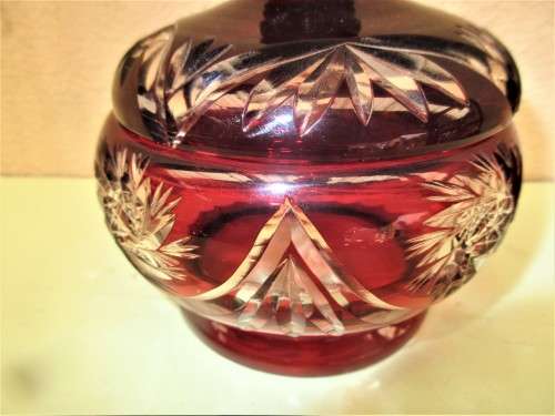 BEAUTIFUL RED CRYSTAL JAR WITH LID  SHARP CUT FLOWERS AND FOLIAGE DESIGN
