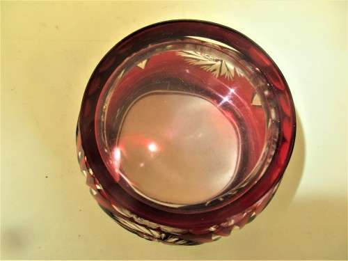 BEAUTIFUL RED CRYSTAL JAR WITH LID  SHARP CUT FLOWERS AND FOLIAGE DESIGN