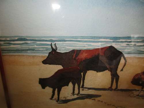 BEAUTIFUL HENNI MEINZ  WATERCOLOUR COWS ON A BEACH