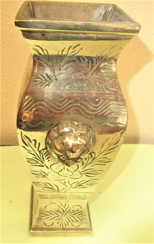 BEAUTIFUL 1920`S HEAVY BRASS CHINESE VASES LION MASK HANDLES