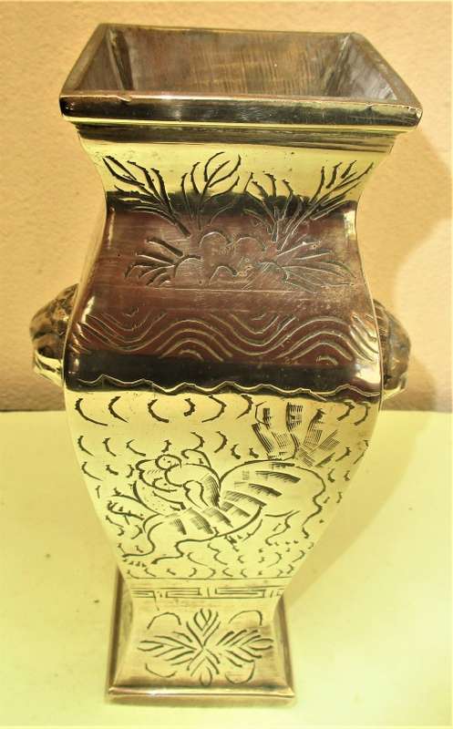 BEAUTIFUL 1920`S HEAVY BRASS CHINESE VASES LION MASK HANDLES