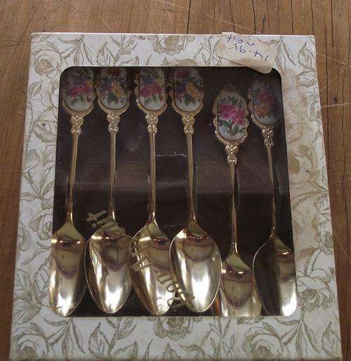 BRASS AND ENAMEL SET OF 6 SPOONS