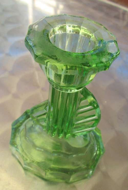 GREEN VASELINE ART DECO GLASS CANDLEHOLDER c 1930