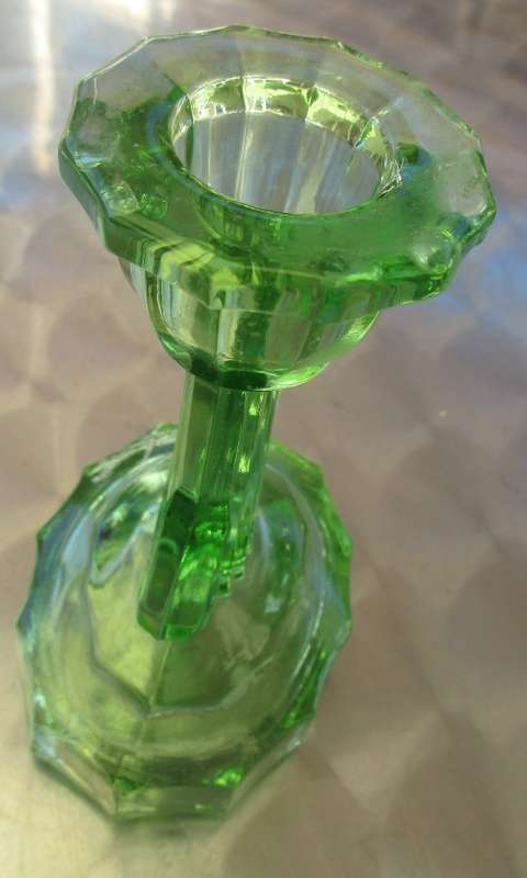 GREEN VASELINE ART DECO GLASS CANDLEHOLDER c 1930