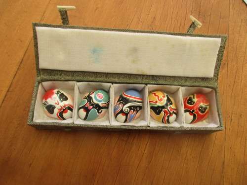 BOXED SET OF SIX POTTERY HAND PAINTED MINIATURE  CHINESE OPERA MASKS