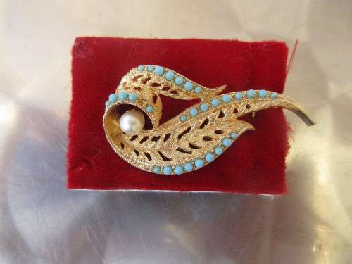 1960`S TURQUOISE PASTE AND GILT BROOCH  FERN PATTERN