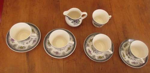SET OF FOUR EGERSUND (NORWAY)  CUPS AND SAUCERS PLUS  MILK JUG AND SPARE CUP c 1940`s