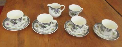 SET OF FOUR EGERSUND (NORWAY)  CUPS AND SAUCERS PLUS  MILK JUG AND SPARE CUP c 1940`s