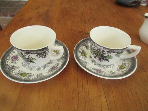 SET OF FOUR EGERSUND (NORWAY)  CUPS AND SAUCERS PLUS  MILK JUG AND SPARE CUP c 1940`s