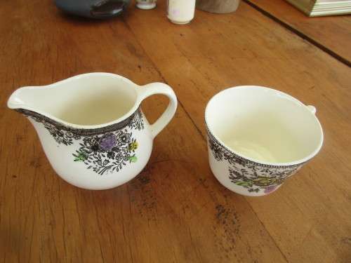 SET OF FOUR EGERSUND (NORWAY)  CUPS AND SAUCERS PLUS  MILK JUG AND SPARE CUP c 1940`s