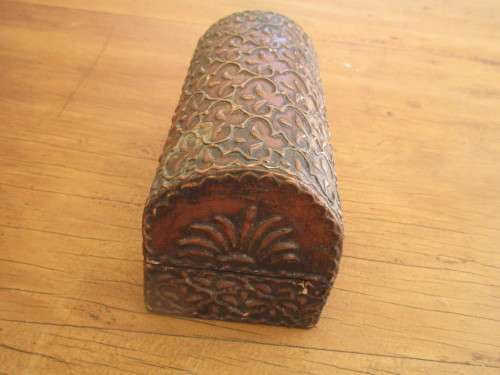 SMALL WOOD CHEST WITH COPPER COVERING.