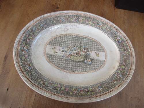 OLD C1920`S OVAL PLATTER TRANSFER PRINT OF BUTTERFLIES AND FOLIAGE.