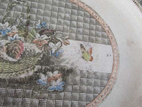 OLD C1920`S OVAL PLATTER TRANSFER PRINT OF BUTTERFLIES AND FOLIAGE.