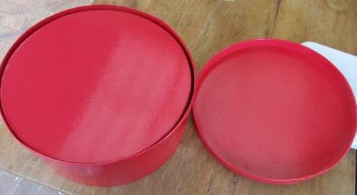 SET OF FOUR FIRE ENGINE RED  CIRCULAR BOXES THEY ALL FIT INTO EACH OTHER