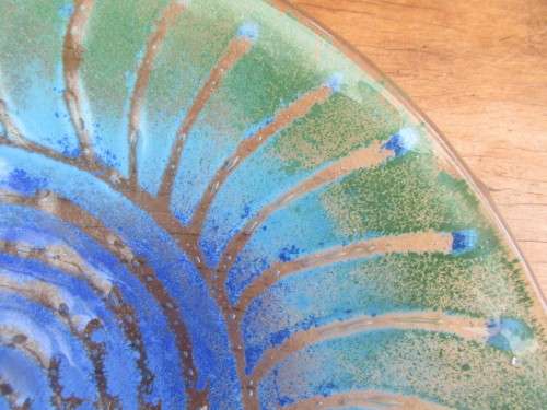 BEAUTIFUL ITALIAN ART GLASS  BLUE AND GREEN RIBBED PLATE.