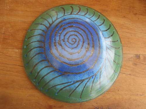 BEAUTIFUL ITALIAN ART GLASS  BLUE AND GREEN RIBBED PLATE.