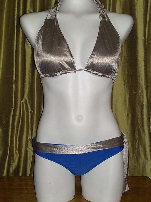 2 Bikini Sets (Siver/Blue and Silver/Black) and 2 Halterneck Tops (silver and light gold)