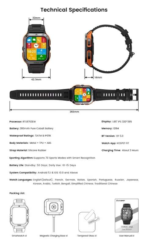 KOSPET TANK M2 Tough Rugged Smartwatch - Activity, Heart & Sleep Tracker - BLACK